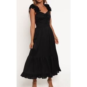Petal & Pup Inca Black Ruffle Strap Midi Dress Sz Medium Pockets NWT